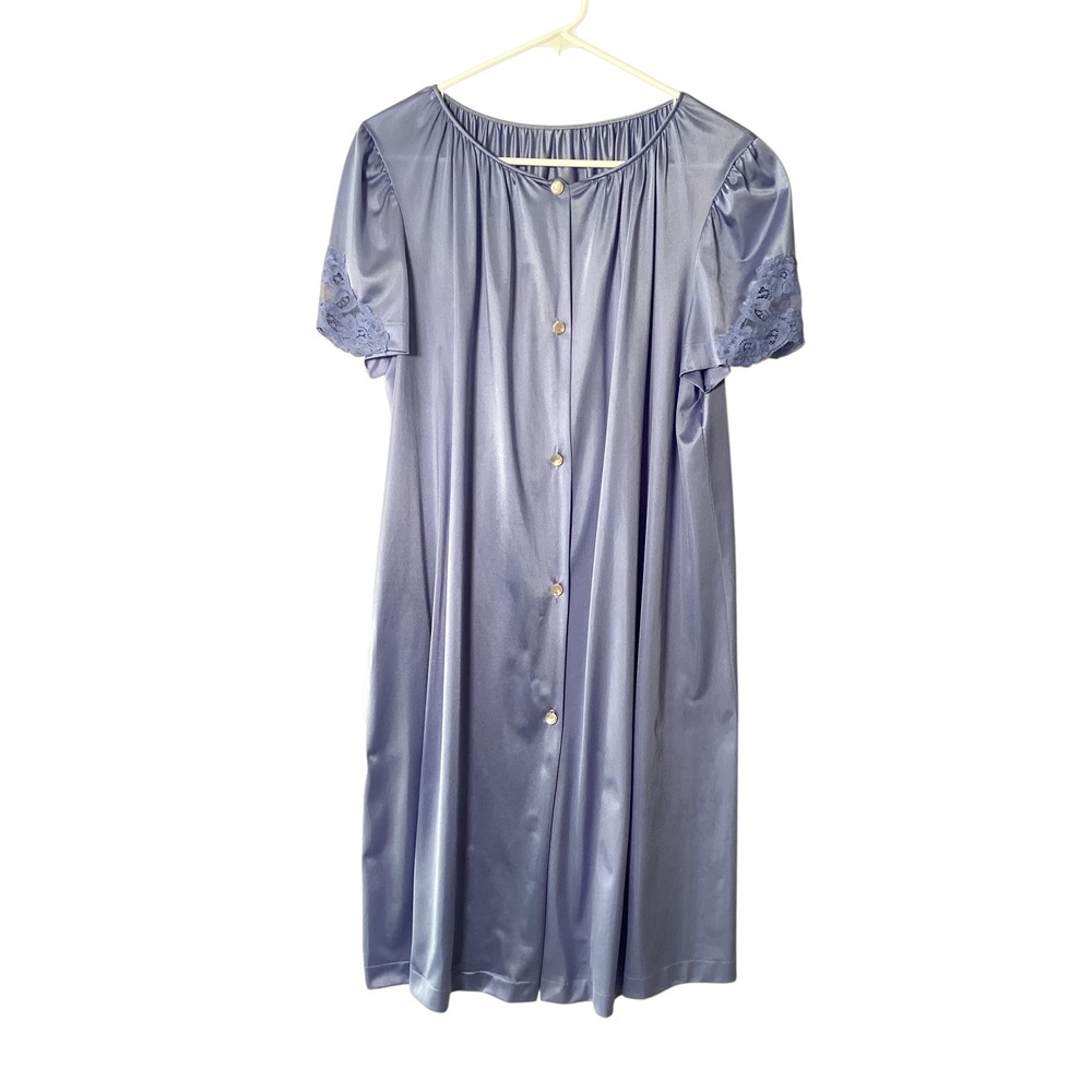 Lorraine Robe Women's Medium Vintage Blue Lace Button Front Sleepwear Pocket